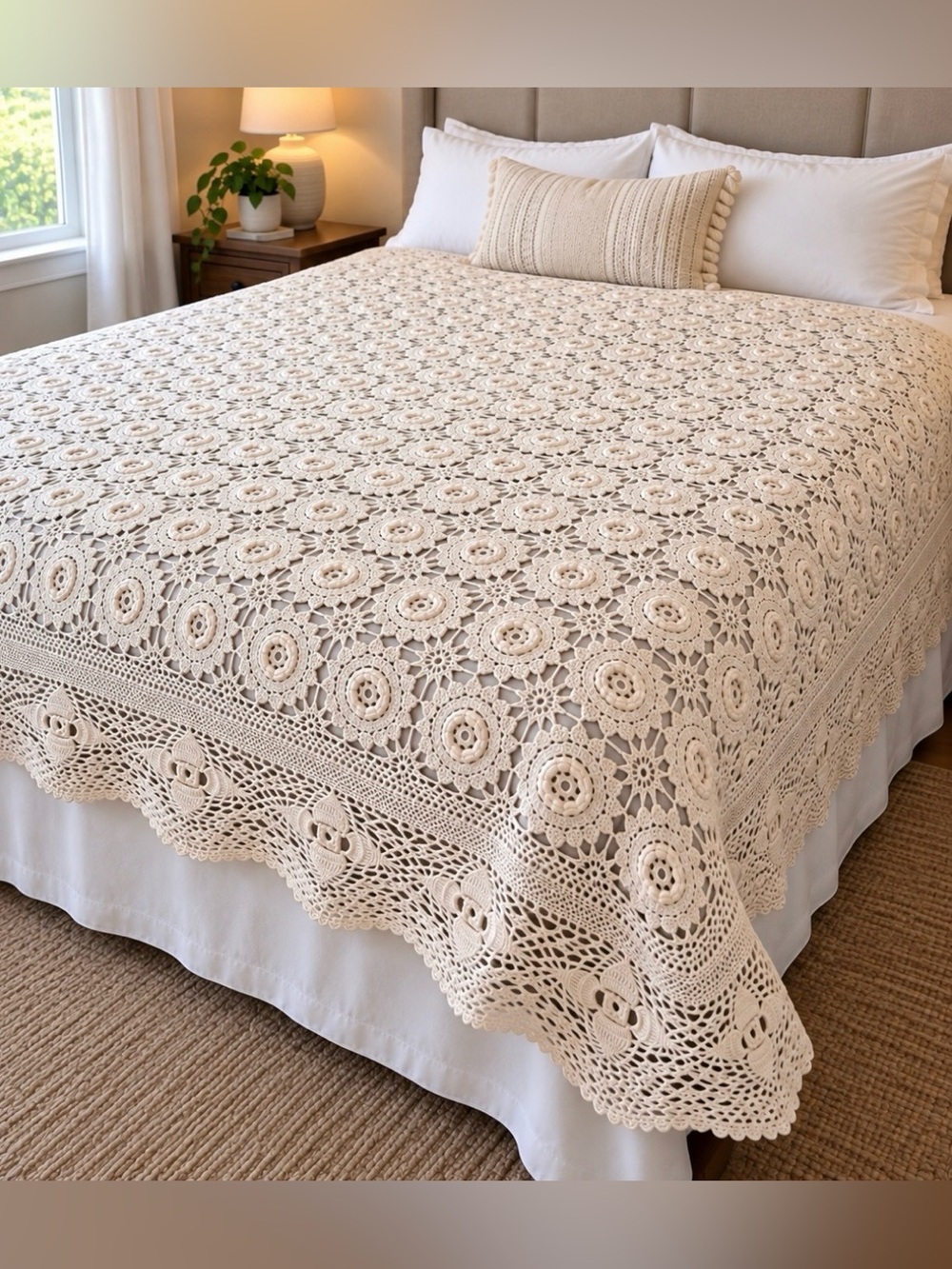 Large Vintage Cream Crochet Lace Blanket / Bedspread - 93"x72"